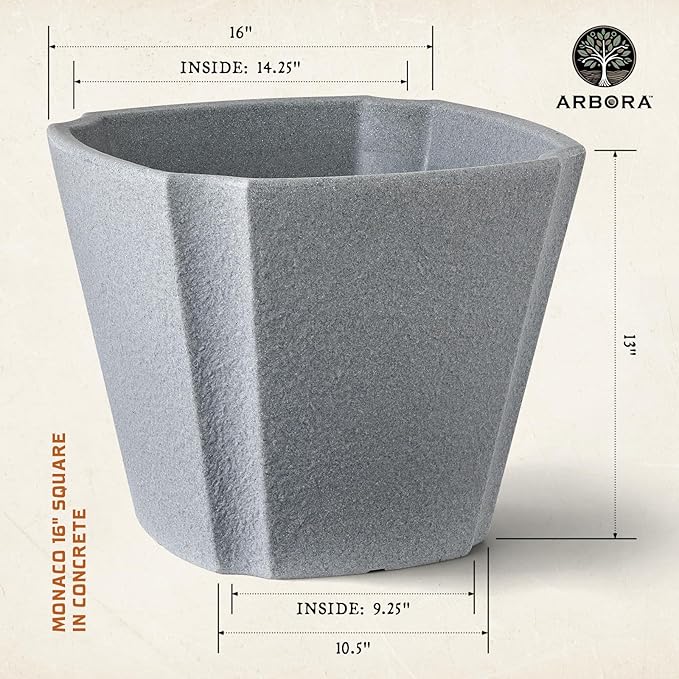 ARBORA 16" Monaco Square Polyresin Indoor and Outdoor Planter with Stone Blend Concrete Gray Finish - Durable, Weatherproof, Lightweight, Large Plant Pot for Patio, Garden, Deck, Entryway