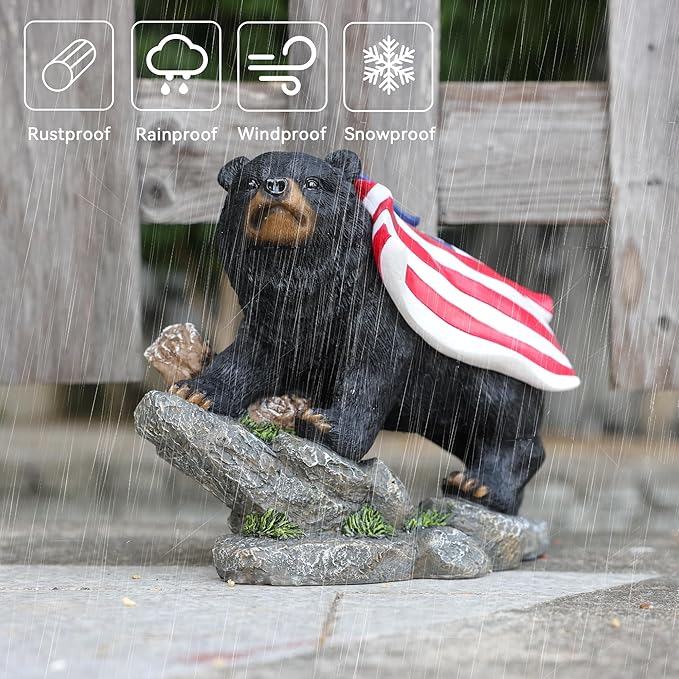 Garden Statue Bear,Solar American Flag Bear Ourdoor Statue,Garden Decor Bears Solar Light,Resin Figurine Lights,Outdoor Decor for Patio,Porch,Balcony,Yard,Lawn
