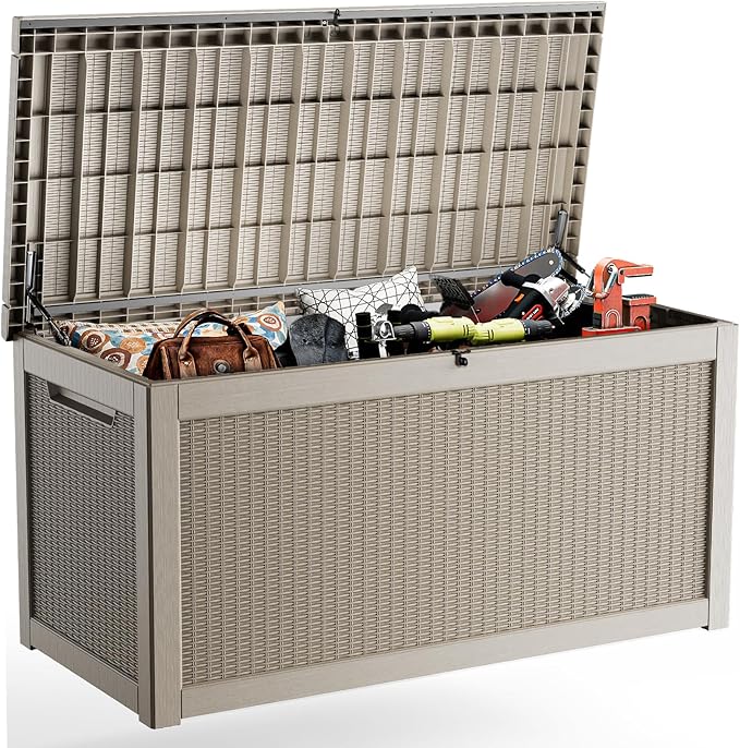 320 Gallon Outdoor Storage Box Waterproof, UV Resistant Resin Deck Box with Hydraulic Rod, Lockable Design and Enhanced Durability for Patio, Garden, and Poolside Use