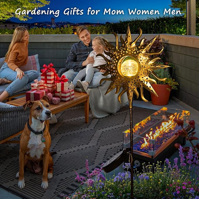 HOMEIMPRO Large Sun Solar Garden Decor Lights Outdoor Garden Gifts Mom Dad, Crackle Glass Metal Stake,Yard Decorations, Waterproof LED Lights for Lawn Patio Ornaments, Mothers Day Gifts for Women