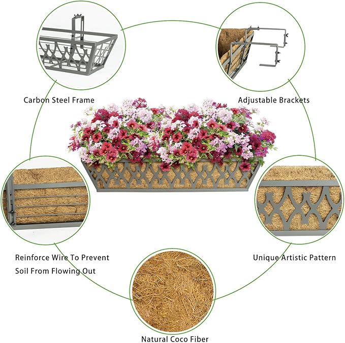 4 Pack 24 Inch Window Boxes Planters Railing Planter Box with Adjustable Brackets for Porch Fence Patio Balcony Hanging Flower Baskets with Coco Liners for Outdoor Garden Decor - Grey