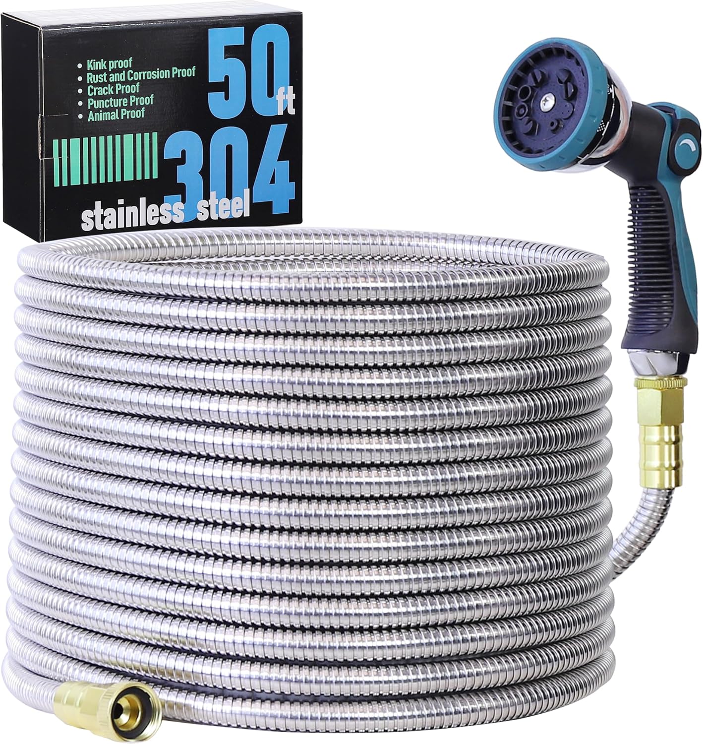 50FT 5/8'' Garden Hose, 304 Stainless Steel Water Hose, Flexible with a 10-Mode Nozzle Sprayer, No Kink, Lightweight, Puncture Proof Metal Hose, Ideal for Yard, Lawn, Outdoor