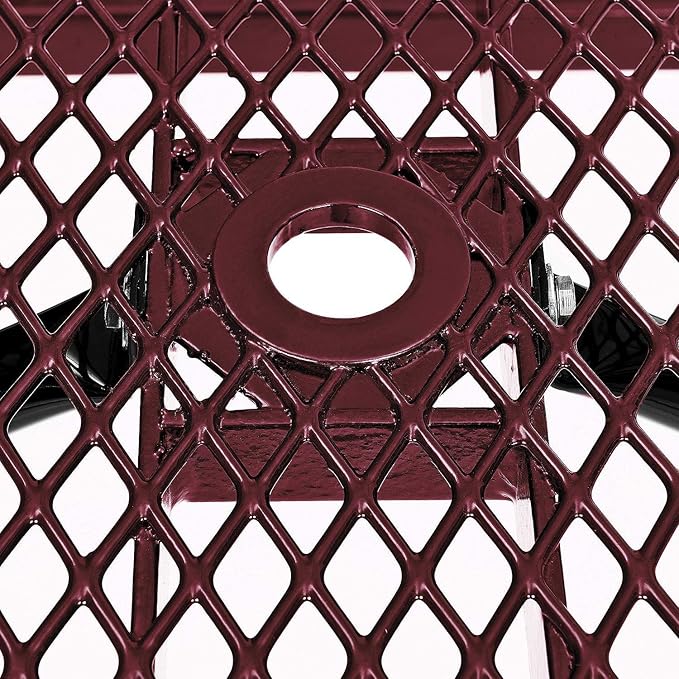 Global Industrial 6’L Rectangular Picnic Table, Expanded Metal, Red Thermoplastic Coating, Attached Benches, 1-1/2” Umbrella Pole Hole, Outdoor-Rated, 1000 lb Capacity, 72” x 30” Tabletop