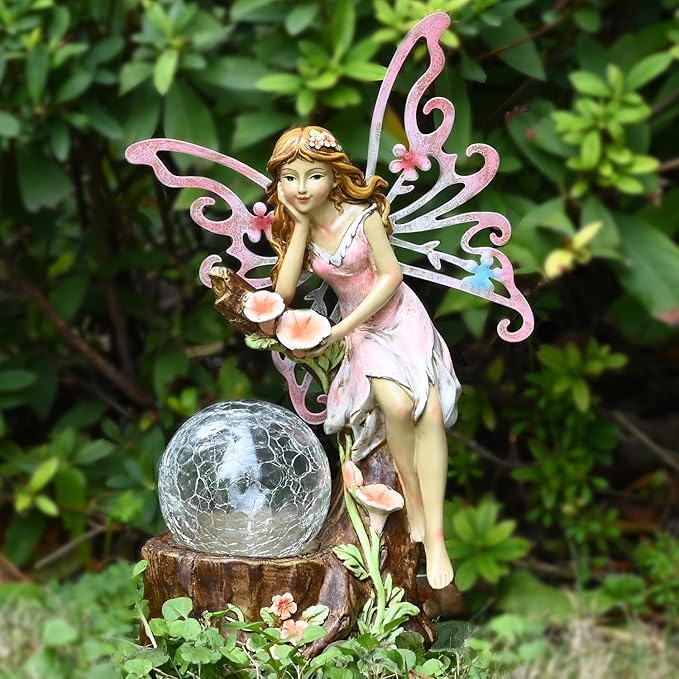 Garden Fairy Statue Outdoor Decor-Solar Flower Fairy Figurines-Garden Fairies Statues Decoration for Outside Lawn Yard Patio,Garden Ornament Gift,Tall 11.8 Inches