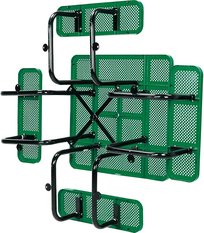 Global Industrial 46" Square Picnic Table, Perforated Metal, Green Thermoplastic Coating, Attached Benches, 1-1/2” Umbrella Pole Hole, Outdoor-Rated, 1200 lb Capacity
