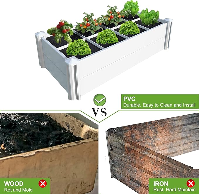 45''x22.5'' Raised Garden Bed Kit | Planter Box Outdoor for Gardening, Whelping Pen | Easy Vinyl Plastic Garden Planter Box with Grow Grid-White