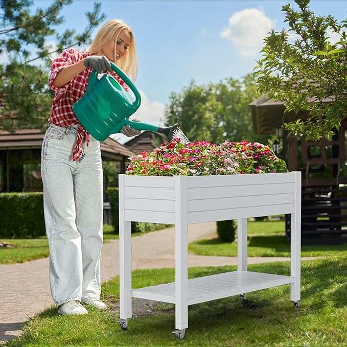 Elevated Horticulture Raised Garden Bed with Legs, Divisible Raised Resin Planter Box for Backyard, Patio, Balcony, with 4 Legs, 4 Swivel Lockable Wheels, and Storage Shelf,Ashen