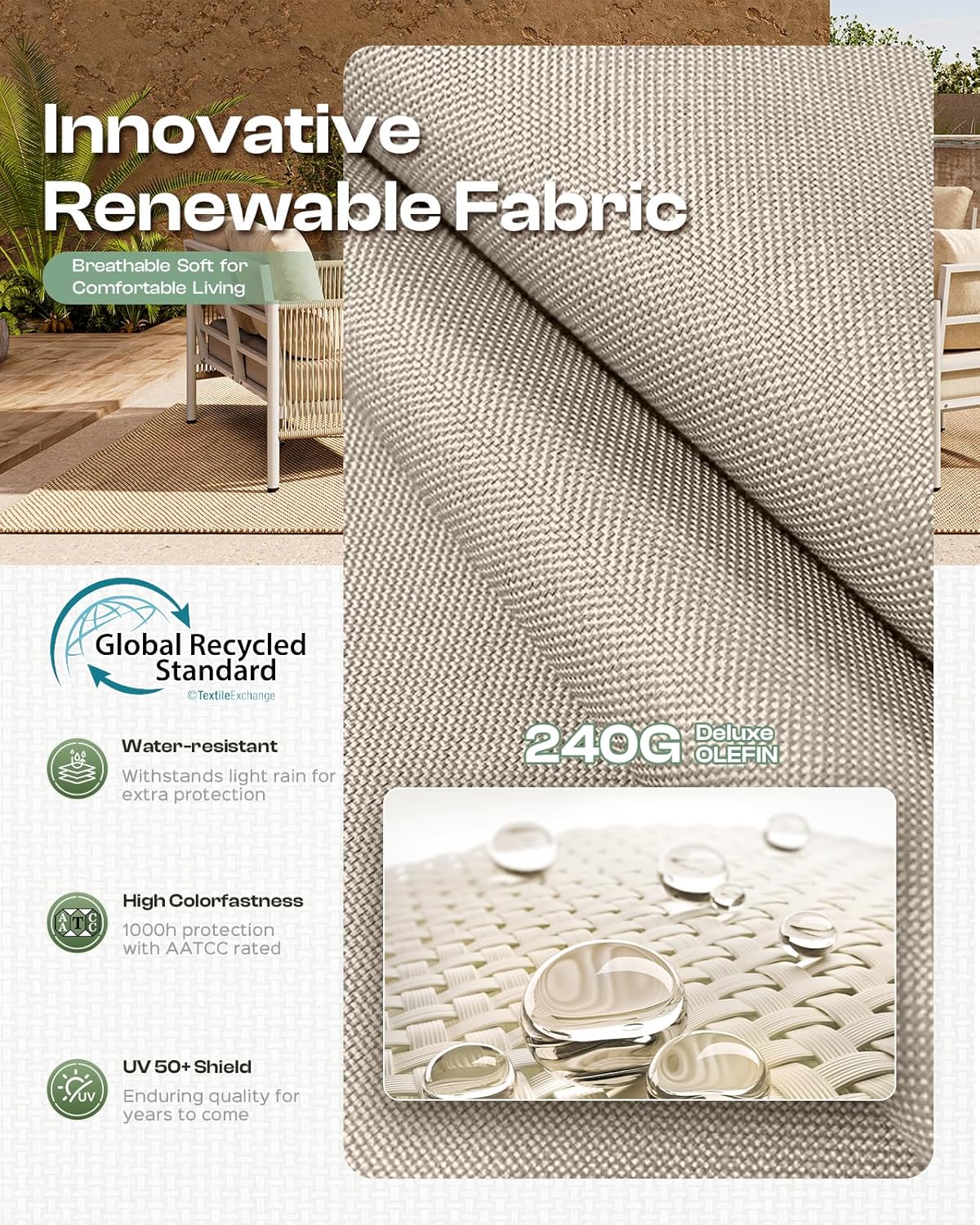 Aluminum Outdoor Patio Furniture Set, HDPE Rope 4 Piece Modern Sectional Conversation Sets with Dual-Layer Coffee Table, All Weather Patio Couch Sofa with Thick Cushions, White Frame, Ivory