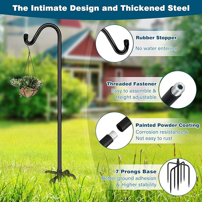 Gtongoko Tall Shepherds Hook for Outdoor, 108 Inch Bird Feeder Pole with 7 Prongs Base, 5/8 Inch Thick Heavy Duty Adjustable Garden Hook for Hanging Plant, Lantern, Hummingbird Feeder, 1 Pack