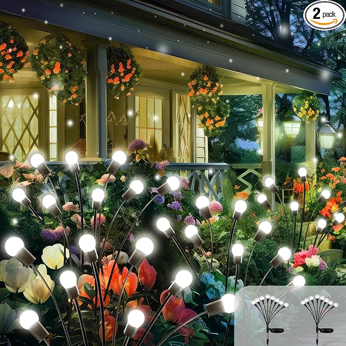 2025 Solar Lights Outdoor Waterproof, 2 Pack Solar Garden Lights, Solar Firefly Lights Outdoor Waterproof, Solar Twinkle Swaying Fairy Light for Yard Patio Pathway Garden Decoration (Cool White)