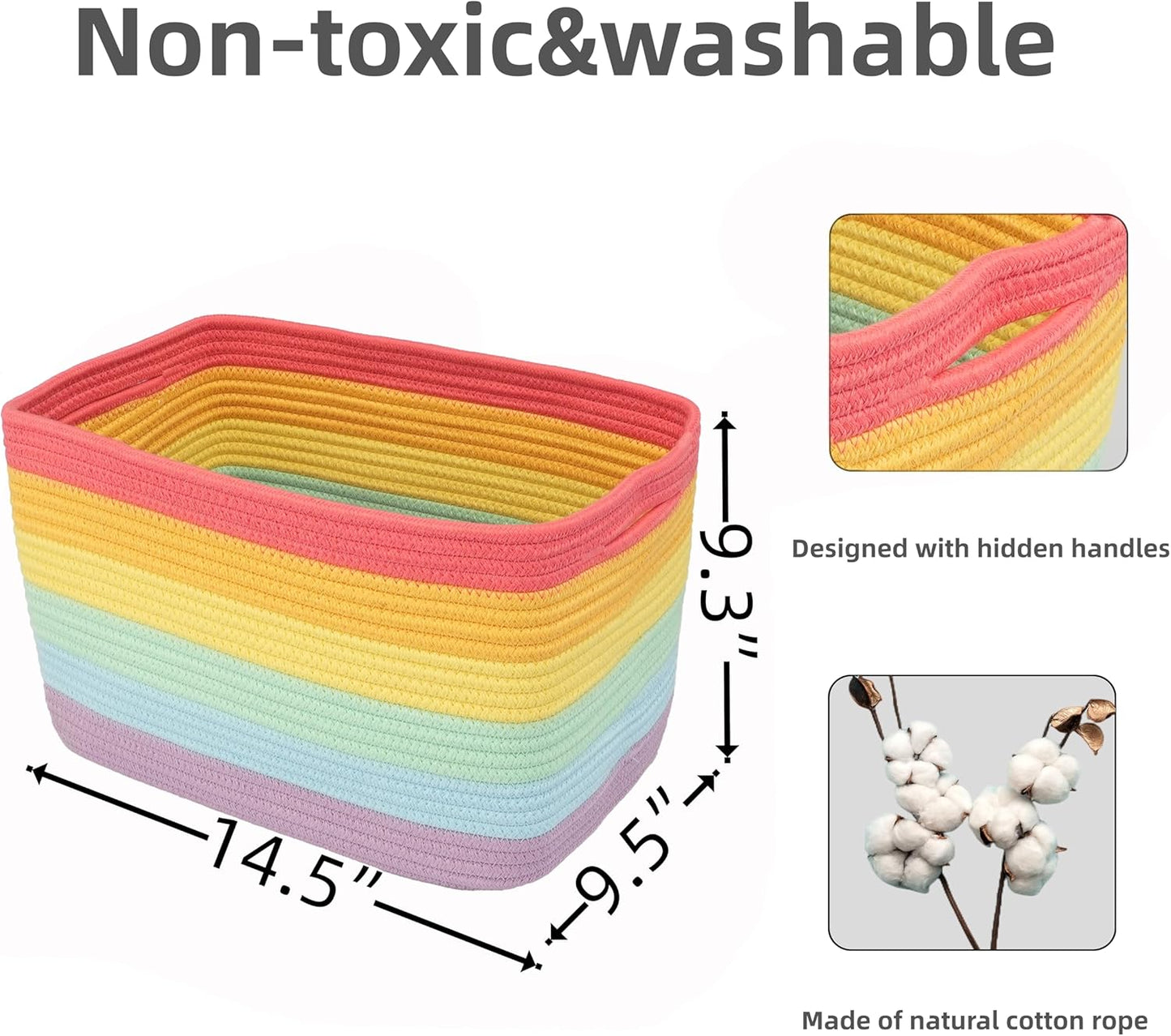 3-Pack Rainbow Storage Baskets 14.5X9.5X9.3“ – Woven Toy Organizer Bins for Kids, Baby Room, Nursery, and Classroom – Cute Square Rope Baskets for Shelves and Organization Rainbow