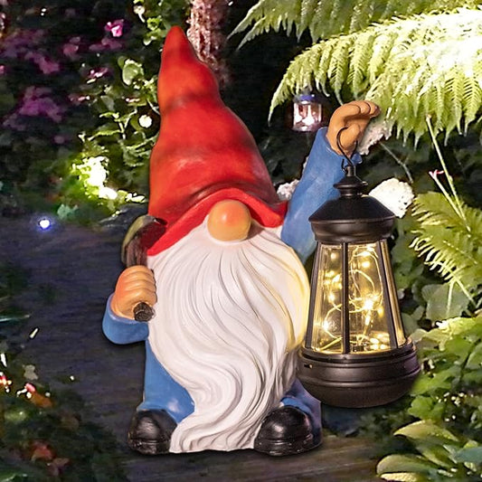 Garden Gnome Statue Solar Light Outdoor Decorations Figurine with Lantern Led Shovel Sculpture Lawn Patio Yard Porch Outside Christmas Housewarming Gifts for Women Mother's Day Grandma