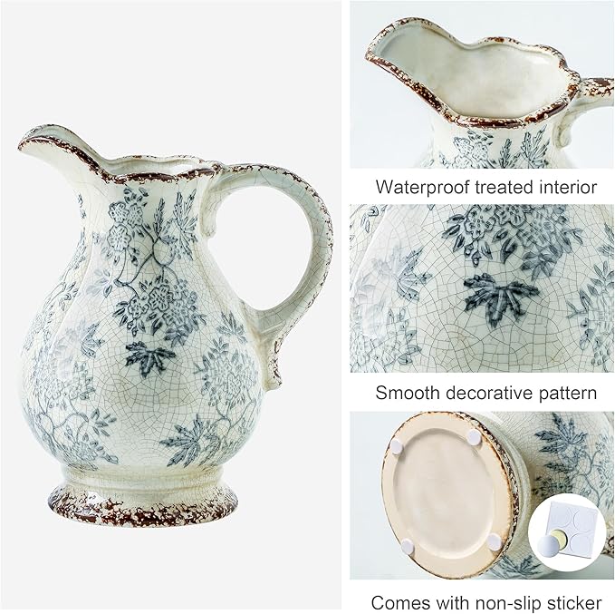 Enra Large Vintage Blue and White and Pitcher for Home Decor, 9.7 Inch Rustic Chinoiserie Decorative Vases, Green and Beige Ceramic Vases for Living Room, Kitchen, Office – Large Vases for Decor