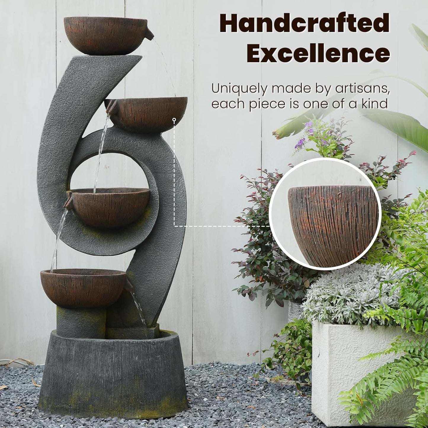 46.8''H Outdoor Water Fountains - 5-Tiered Garden Fountains Outdoor for Patio, Yard, Balcony, Porch, Modern Resin Waterfall Feature for Outside with Light, Cascading Bowl Water Feature Gray