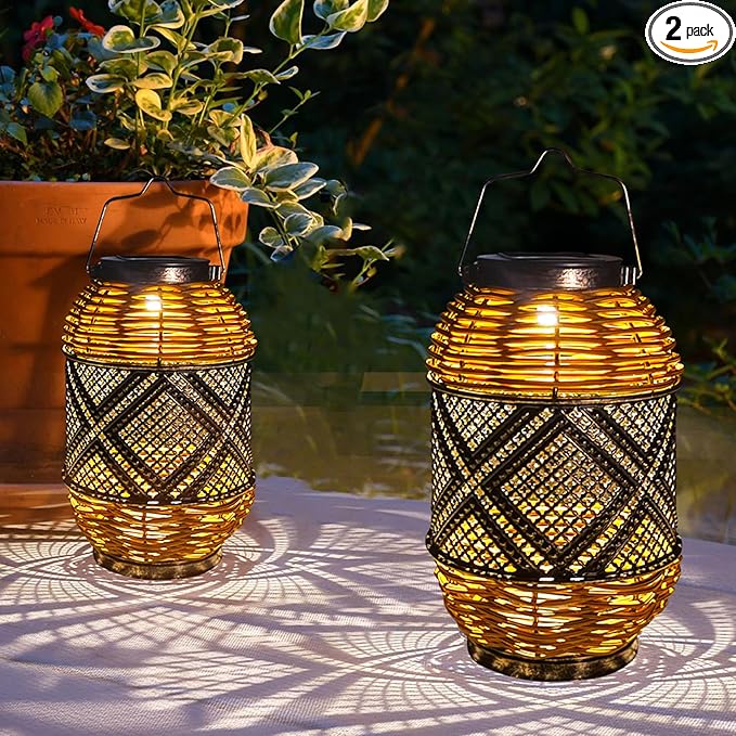 2 Pack Solar Lanterns Outdoor Waterproof,Rattan with Metal Hanging Solar Lights Boho Lanterns Decorative Lights with Handle for Patio Pathway Courtyard Tree Garden Yard Fence