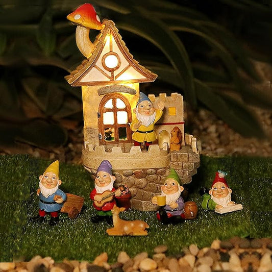 Fairy Tale Solar Castle Garden Decor Figurine Lights for Outside with Gnomes Set - Outdoor Statues Decorative Resin Sculpture with Solar Light, Decorations for Yard, Patio, Porch, or Lawn