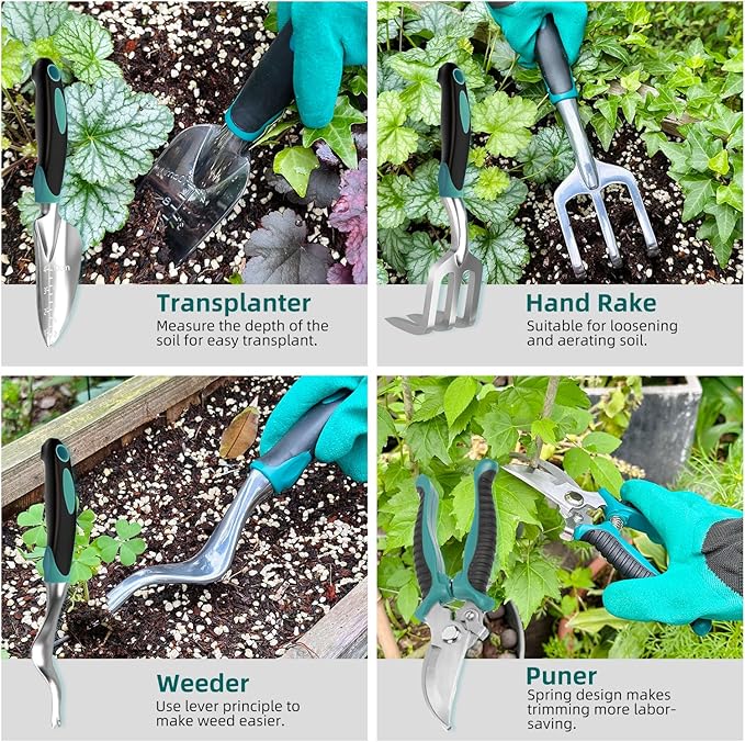Gardening Tool, Heavy Duty Gardening Hand Tools for Gardener, Gardening Gifts for Women, Men, Heavy Duty Gardening Tools with Storage Tote Bag Non-Slip Rubber Grip, Aluminum Green Gardening Tool Set