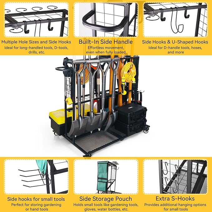 Garden Tool Organizer - Heavy Duty Garage Storage and Organization with Wheels - Large Garden Tool Storage Holder for Lawn Yard Patio Shed,Garage Shovel Rack