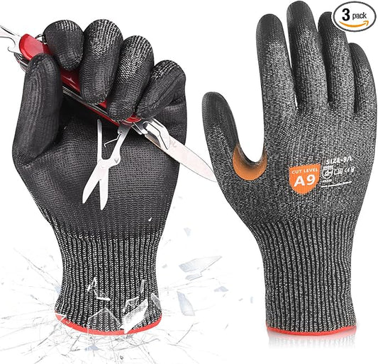 Donfri 3 Pairs A9 Cut Resistant Work Gloves for Men - Steel + HPPE Hybrid Safety Gloves for Men, ANSI Cut Level 9 Protection Flexible for Metal Glass Wood Construction Fishing