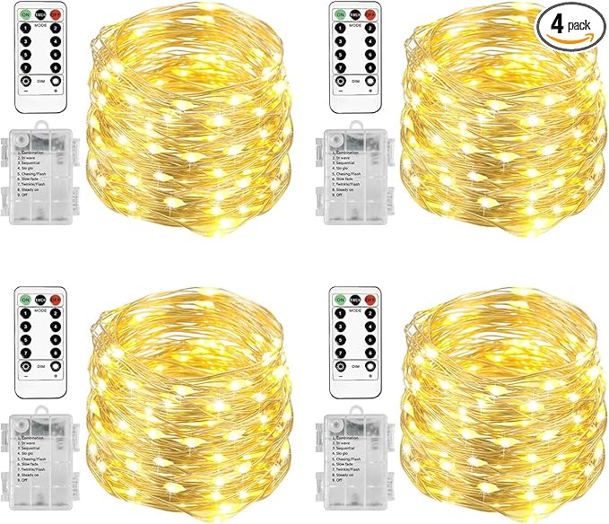 Homemory 4 Pack 20 Ft 60 LED Fairy Lights Battery Operated Christmas Lights with Remote Waterproof 8 Modes Firefly Twinkle String Lights for Party Bedroom Wedding Halloween Decorations