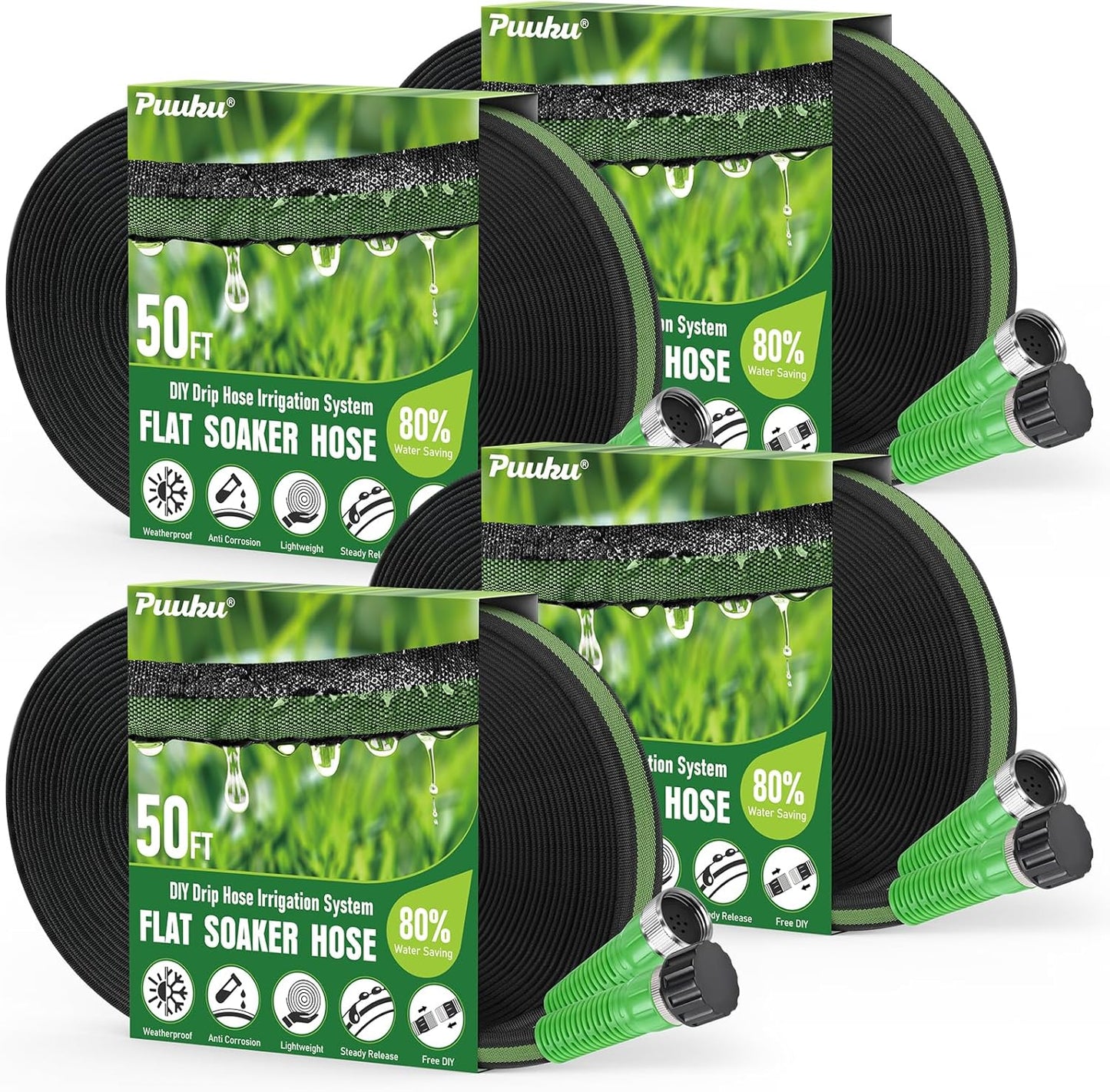 Flat Soaker Hose 200FT for Garden and Lawns, 80% Water-Saving Drip Irrigation Hose with Anodized Aluminum Ends, Flexible Leakproof Double Layer Gardening Hoses(50FT X 4Pack) ﻿