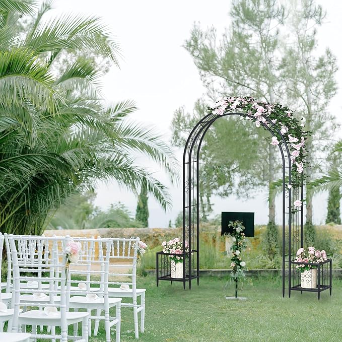 88in Steel Garden Arch Arbor Trellis with Planter Boxes for Climbing Plants Outdoor, Yard, Wide Sturdy Durable Garden Arch for Lawn,Outdoor Wedding Arch(Black)