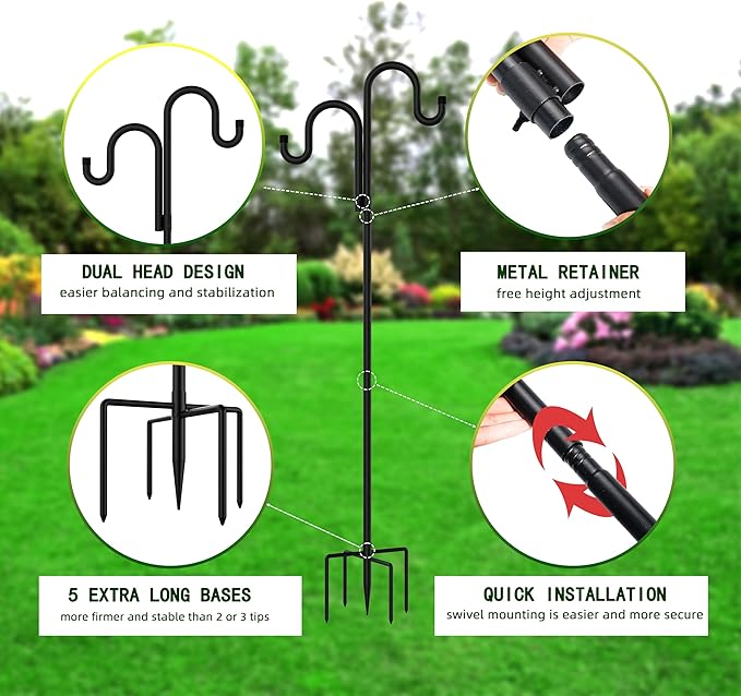 Double Shepherds Hooks for Outdoor, Bird Feeder Pole with 5 Prongs Base, Heavy Duty Garden Hook for Lantern, Wind Chime and Hummingbird Feeder, 62 Inch, 2 Pack
