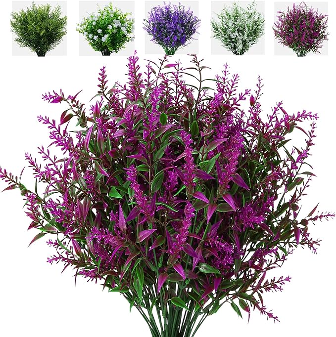 8 Pack Artificial Plants Flowers Grass Shrubs Lavender No Fade Faux Plastic Flowers Outdoor for Farmhouse Garden Porch Patio Indoor Wedding Decoration Greenery Fake Plants uv Resistant