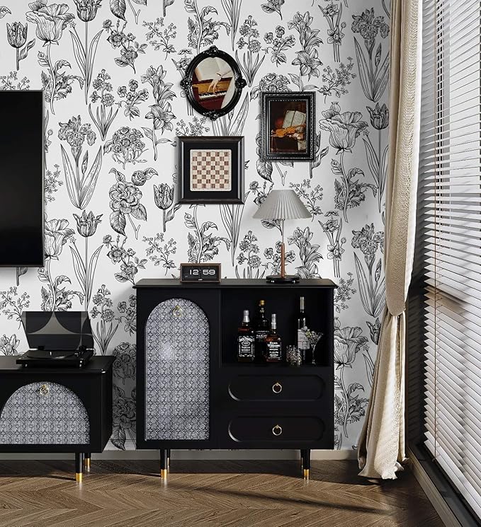 Dimoon 78.7"x17.3" Floral Peel and Stick Wallpaper White Contact Paper Waterproof Black Lines Wallpaper Vintage Flower Thicken Plant Self Adhesive Removable Wall Covering Shelf Liner Decal Vinyl Roll