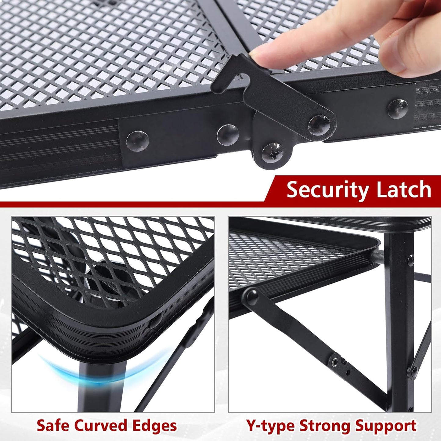 Folding Grill Table, 3x2 FT Portable Camping Table with 2 Wing Panels, Height Adjustable Metal Tables with Mesh Desktop and Mesh Bag, Outdoor Furniture for Camping, Picnic, Beach and BBQ, Black