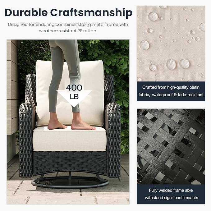 10 Pieces Outdoor Patio Furniture Sets with Rocking Swivel Chairs with 6-inch Thick Cushion and Fire Pit Table for Deck Lawn