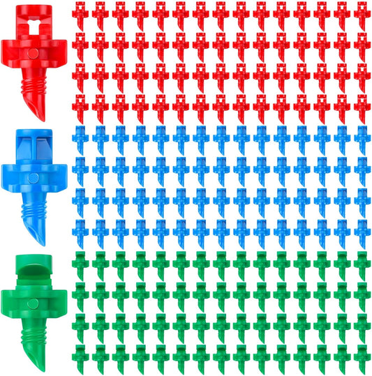 180Pcs 90/180/360 Degrees Drip Irrigation Emitters, 3 Color Heads Irrigation Misting Sprinkler, Refraction Micro Sprayer Applicable for Lawn Watering System