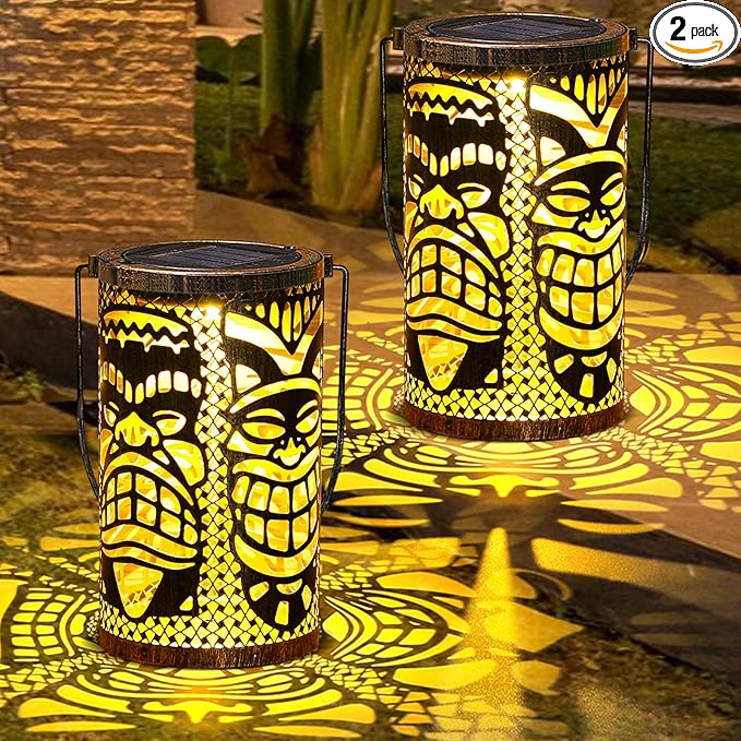 2 Pack Tiki Solar Lanterns Tiki Bar Light Decor Outdoor Waterproof Gifts for Women Men Hanging Lantern Metal Hollowed Out Decor for Summer Garden Patio Lawn Porch Festival Party