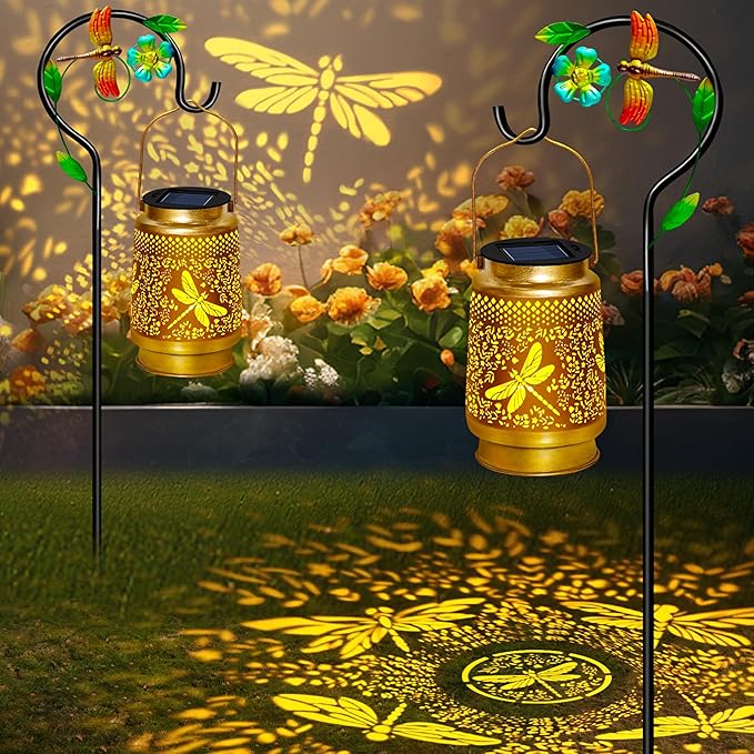 2 Pack Solar Lanterns Outdoor Waterproof,Dragonfly Solar Lights Garden Decor Gifts for Mom Women Grandma Decoration Outside for Yard, Patio,Backyard,Porch
