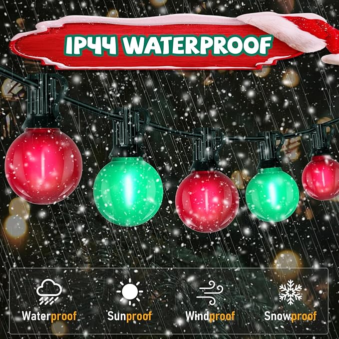 G40 LED Outdoor Christmas String Lights 50FT Hanging Globe String Lights with 27 LED Shatterproof Frosted Red Green Lights(2 Spare), Waterproof Patio String Lights for Balcony Backyard Pergola Decor