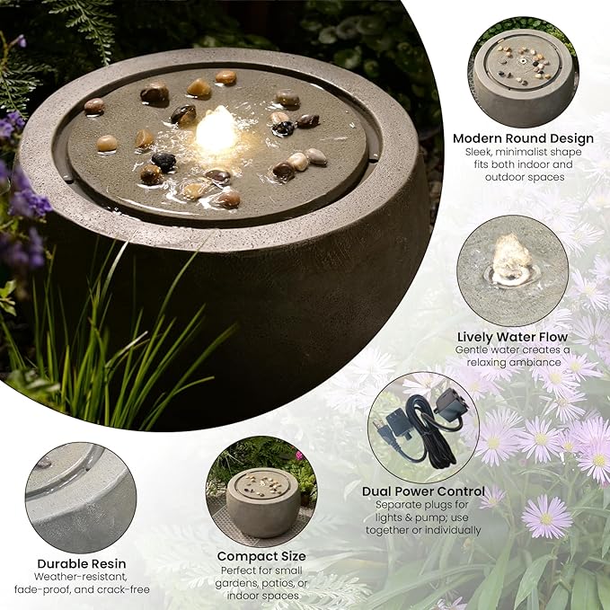 Garden Water Fountain Outdoor Large Round Bubbler Water Feature Indoor with Lights & Pump and Pebbles Concrete Effect for Patio Pool Pond Yard Home Decor Gray, 25 "L X 25" W X 17.5" H