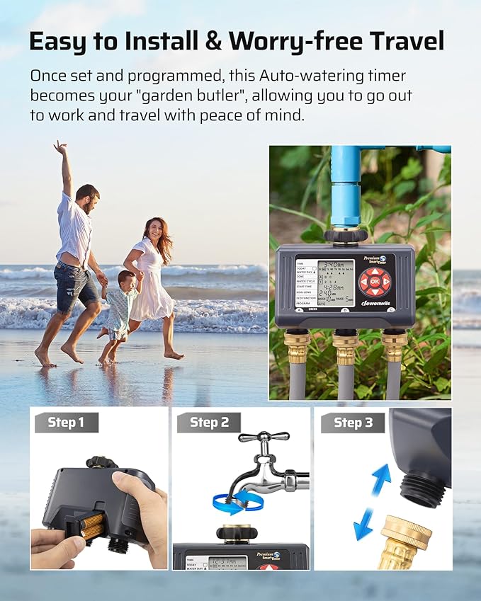 DEWENWILS Sprinkler Timer 3 Zone, Water Hose Garden Irrigation Timer with 4 Programmable Procedure and Low Battery Warning, Repeat Watering over Period, Faucet Controller with Rain Delay Mode for Lawn