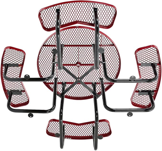 Global Industrial 46" Round Picnic Table, Expanded Metal, Red Thermoplastic Coating, Attached Benches, 1-1/2” Umbrella Pole Hole, Outdoor-Rated, 1000 lb Capacity