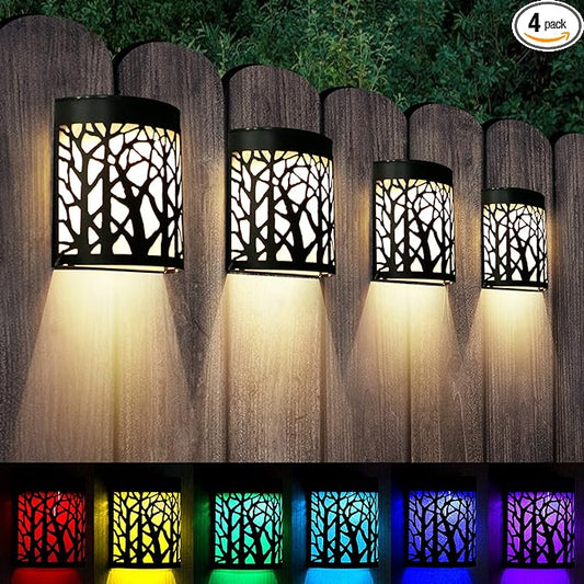 DenicMic Solar Wall Lights Outdoor Wall Sconce Fence Lighting for Patio Front Door Yard Deck Stair Led Forest Decorative Lamps, Waterproof, Warm White/Color Changing (4 Pack)