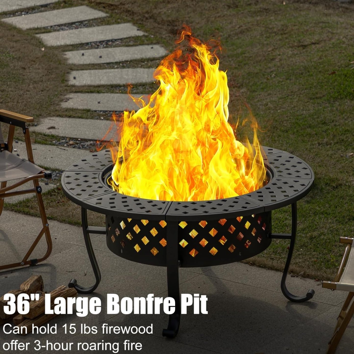 36 Inch Fire Pit with 2 BBQ Grills, Wood Burning Fire Pits for Outside with Lid & Fire Poker, BBQ& Outdoor Firepit & Round Metal Table 3 in 1 for Patio, Picnic, Party