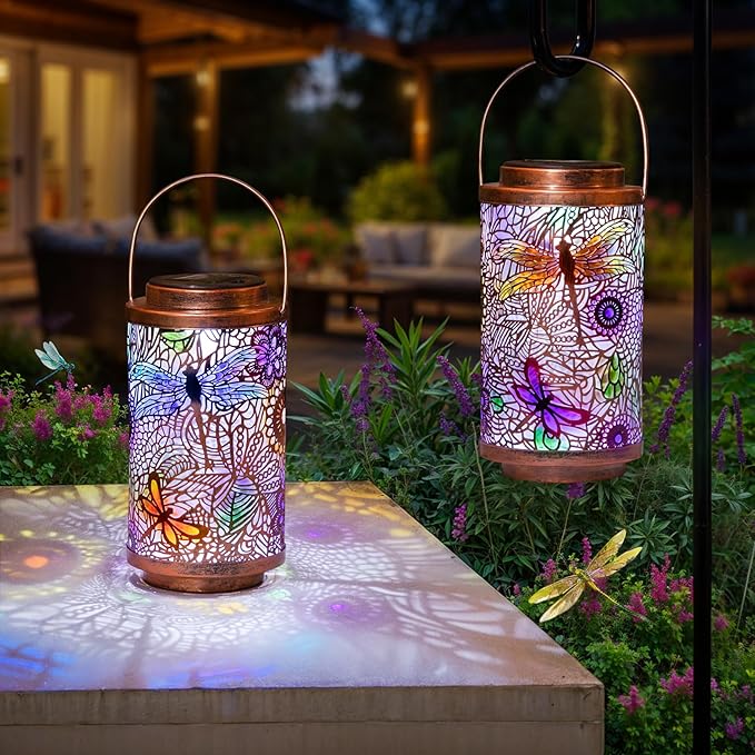 Go2garden 2Pack Solar Outdoor Lanterns Waterproof Dragonfly Garden Gifts for Women Patio Decor Lights Metal Lantern for Yard, Tabletop, Porch, Outside,Mothers Day Gifts for Mom Women