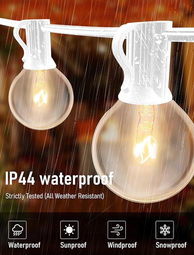 50FT Outdoor White String Lights with 20 Clear Bulbs, G40 Globe Patio String Lights for Indoor/Outdoor, Connectable Hanging Lights for Backyard Porch Balcony Party Decor - White Wire