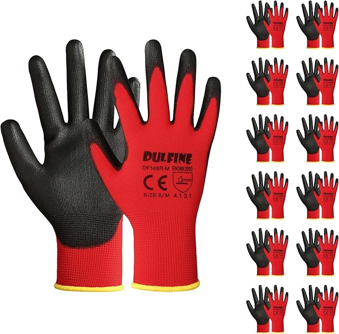 DULFINE Safety Work Gloves PU Coated-12 Pairs,Red Seamless Knit Glove with Polyurethane Coated Smooth Grip on Palm & Fingers, for Men and Women, Ideal for General Duty Work (Large)