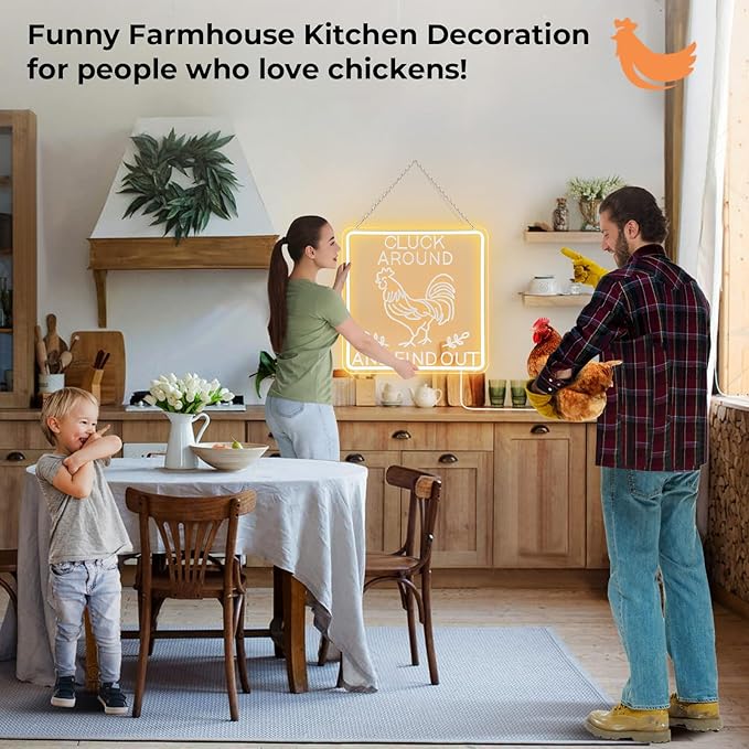 Funny Cluck Around and Find Out Large Neon Sign Dimmable, Rooster Decor 16 X 16 Inch Kitchen Decor for Farmhouse, Chicken Coop, Garden, Farm House Decoration, Rooster Gifts