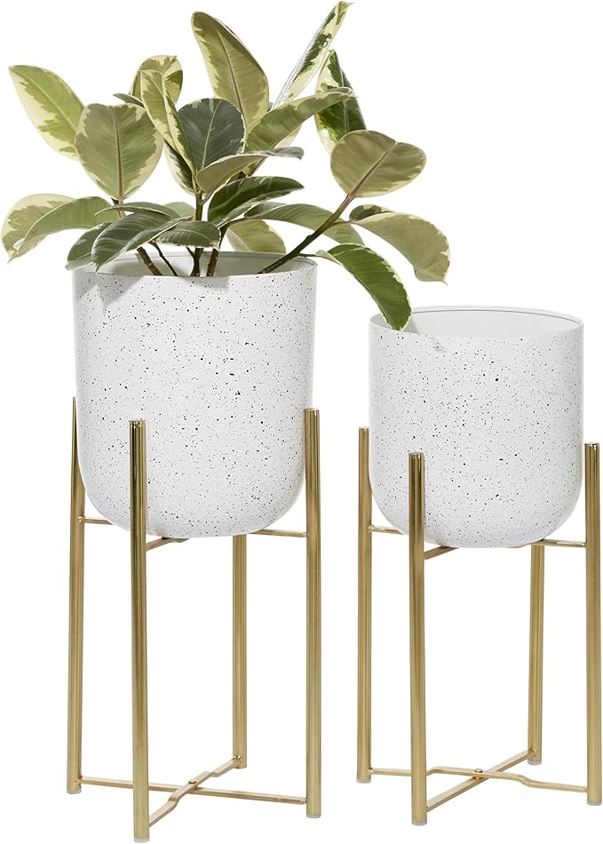 Deco 79 Metal Indoor Outdoor Planter Deep Dome Speckled Large Planter Pot with Gold Stands, Set of 2 Planters 22", 19"H, White