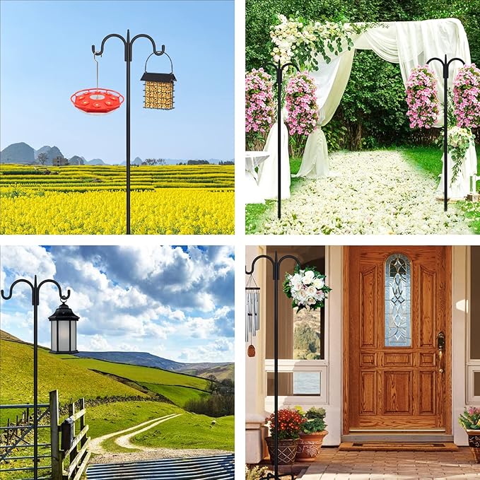 FEED GARDEN Adjustable Double Shepherds Hook for Outdoor with 5 Prong Base 92 Inch Heavy Duty Two Sided Bird Feeder Pole for Hanging Plant Baskets, Solar Light Lanterns, Wind Chimes