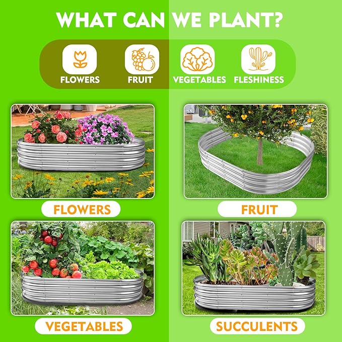 Durable -0.8MM Thick,Crimped Edge 6X3X1 FT Large Oval Galvanized Steel Raised Garden Bed/Galvanized Metal Planter Box for Planting in The Backyard/Garden (Silver, 72X36X12 Inches)