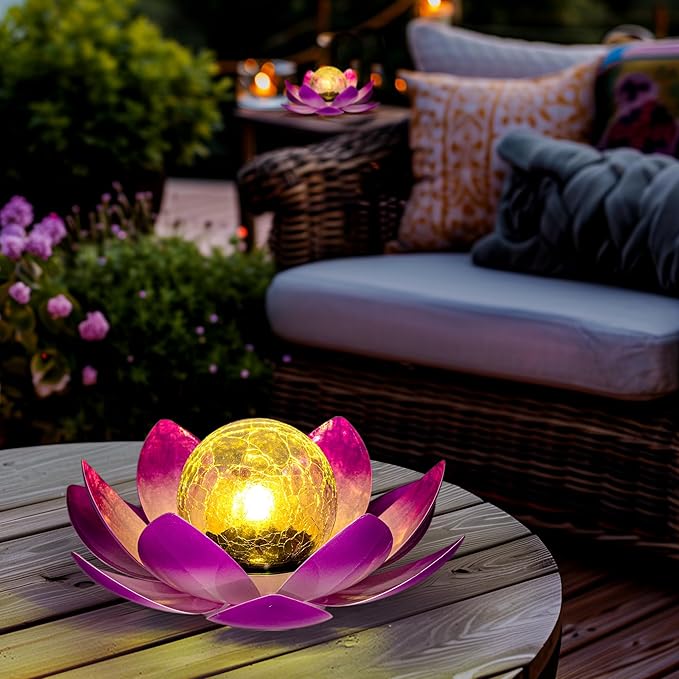 GIGALUMI Solar Light Outdoor Garden Decor, Lotus Flower Light Crackle Globe Glass Lantern Outdoor Table Decor Waterproof for Patio, Lawn, Pathway, Pool, Pond, Christmas Gift (Pink Petal)