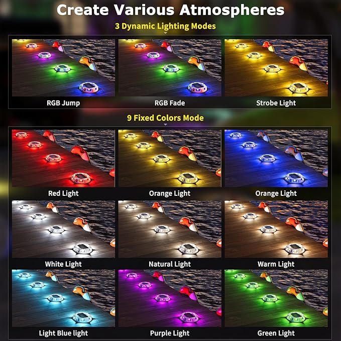 8Pack Aluminum Alloy Solar Driveway Lights, IP68 Solar Deck Light Marine Dock Lights Outdoor Waterproof, Multi-color LED Driveway Markers for Walkway, Path Decor [12Modes - Strobe/RGB/Fix-color]