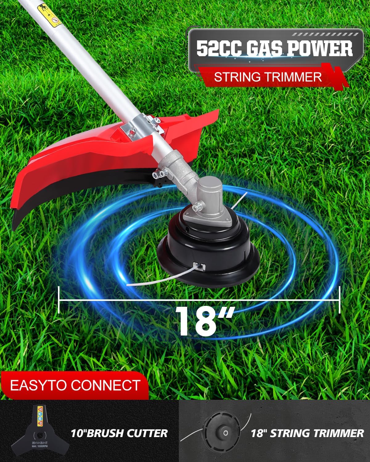 52cc Gas Powered Weed Eater and Brush Cutter 3-in-1, Heavy Duty Straight Shaft String Trimmer with Harness and 2 Heads for Tough Weeds, Grass, and Land Clearing (PT6080)